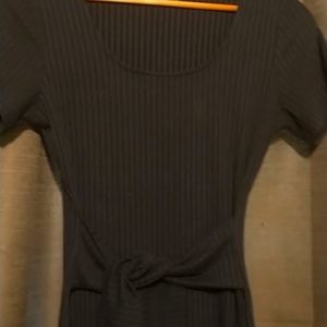 Navy blue knit ribbed dress with sash.